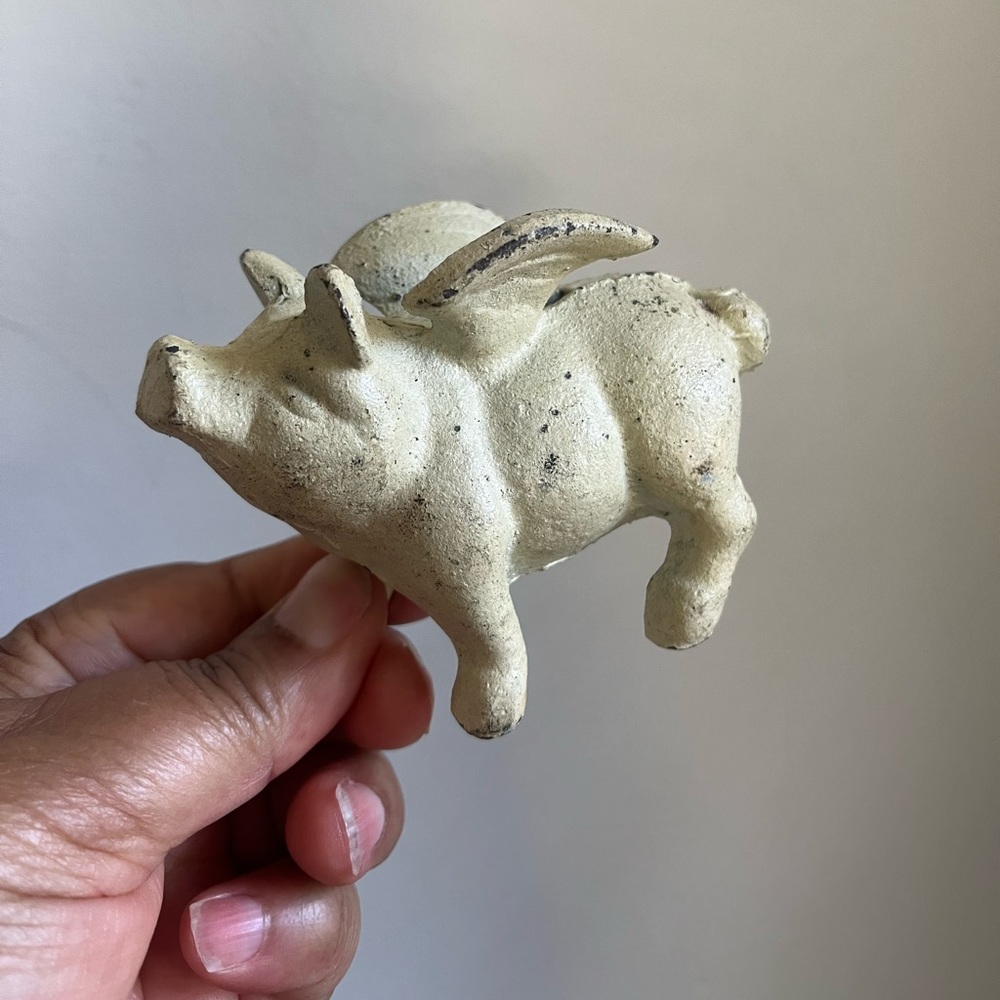 Cast Iron Flying Pig Piggy Bank Coin Bank Cream Off White Trinket